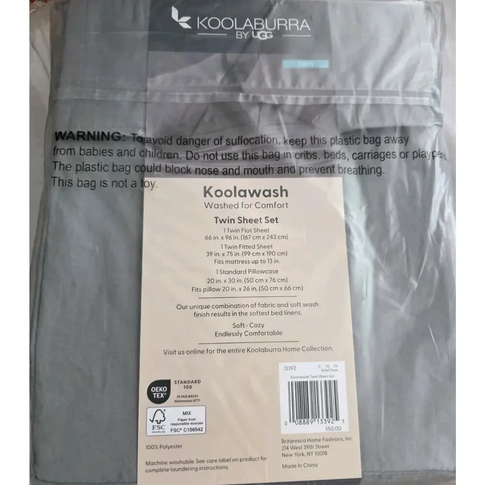 New Koolaburra By UGG Koolawash Twin sheet Set Gray Polyester 3 Pc Wild Dove